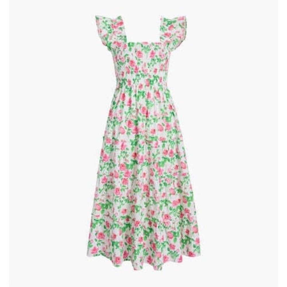 Hill House Home Ellie Nap Dress Womens M Pink Roses Poplin Floral Smocked Midi